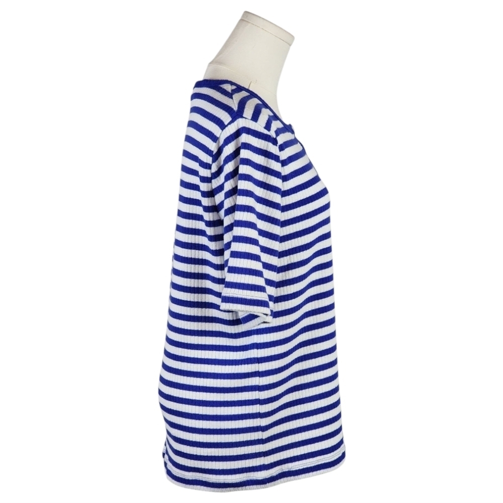 J. Crew Blue White Striped Henley Top Large Ribbed Knit Nautical Casual Tee - Picture 5 of 7